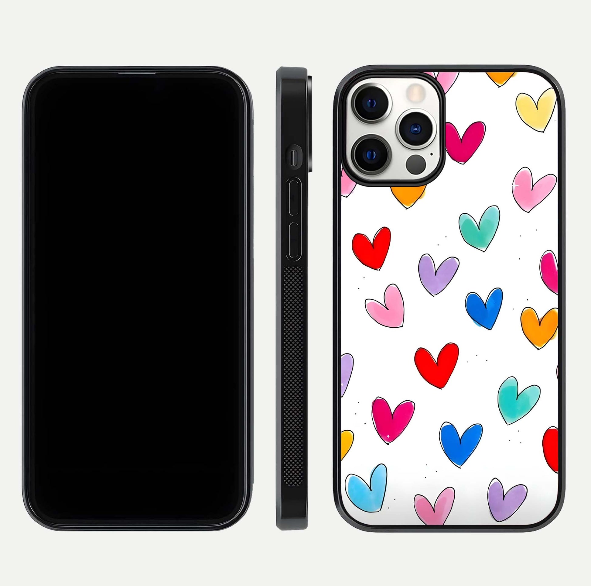 Playful Love Doodles iPhone 12 Pro glass phone case front and side layout view showing slim build and full doodle coverage