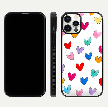 Playful Love Doodles iPhone 12 Pro glass phone case front and side layout view showing slim build and full doodle coverage