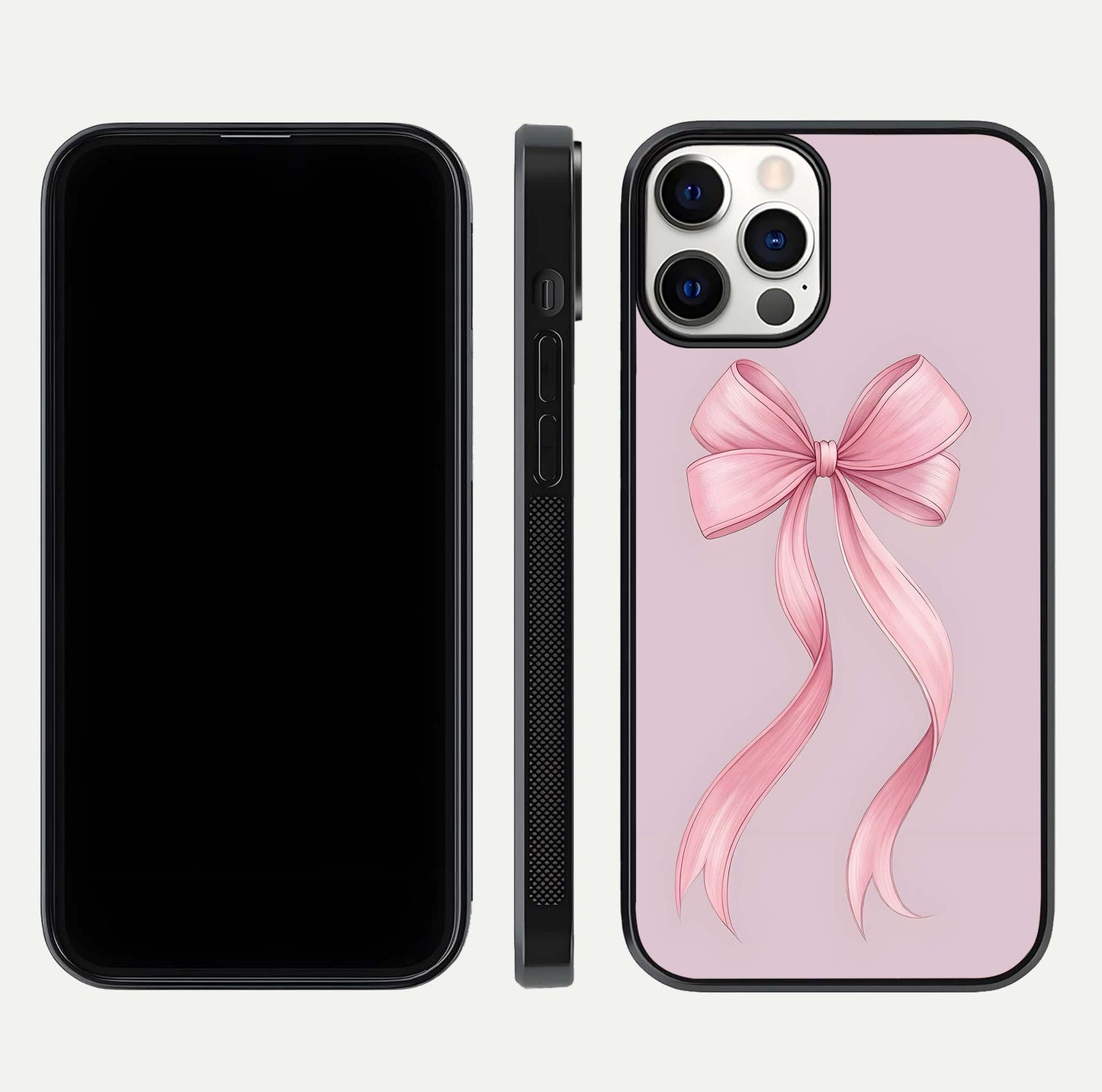 Soft Blush Bow iPhone 12 Pro glass phone case front and side layout view displaying slim profile and gentle aesthetic