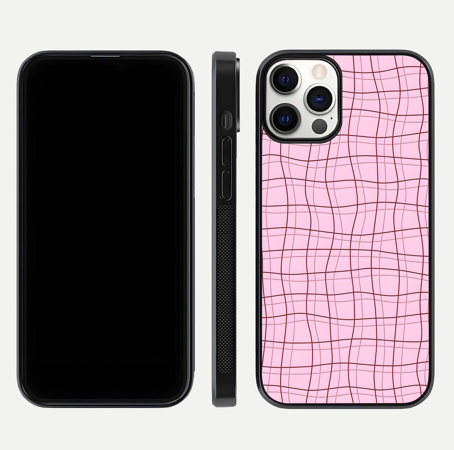 Soft Grid Bliss iPhone 12 Pro glass phone case front and side layout view displaying slim profile and clean design