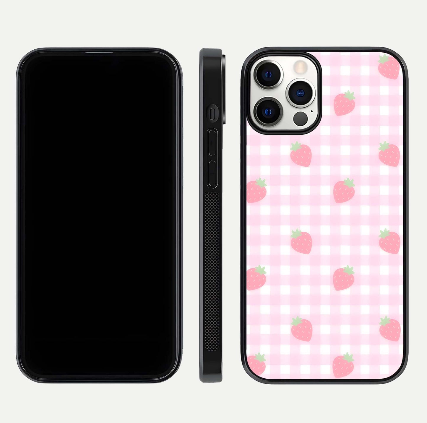 Strawberry Picnic Love iPhone 12 Pro glass phone case front and side layout view showing slim profile and full picnic design