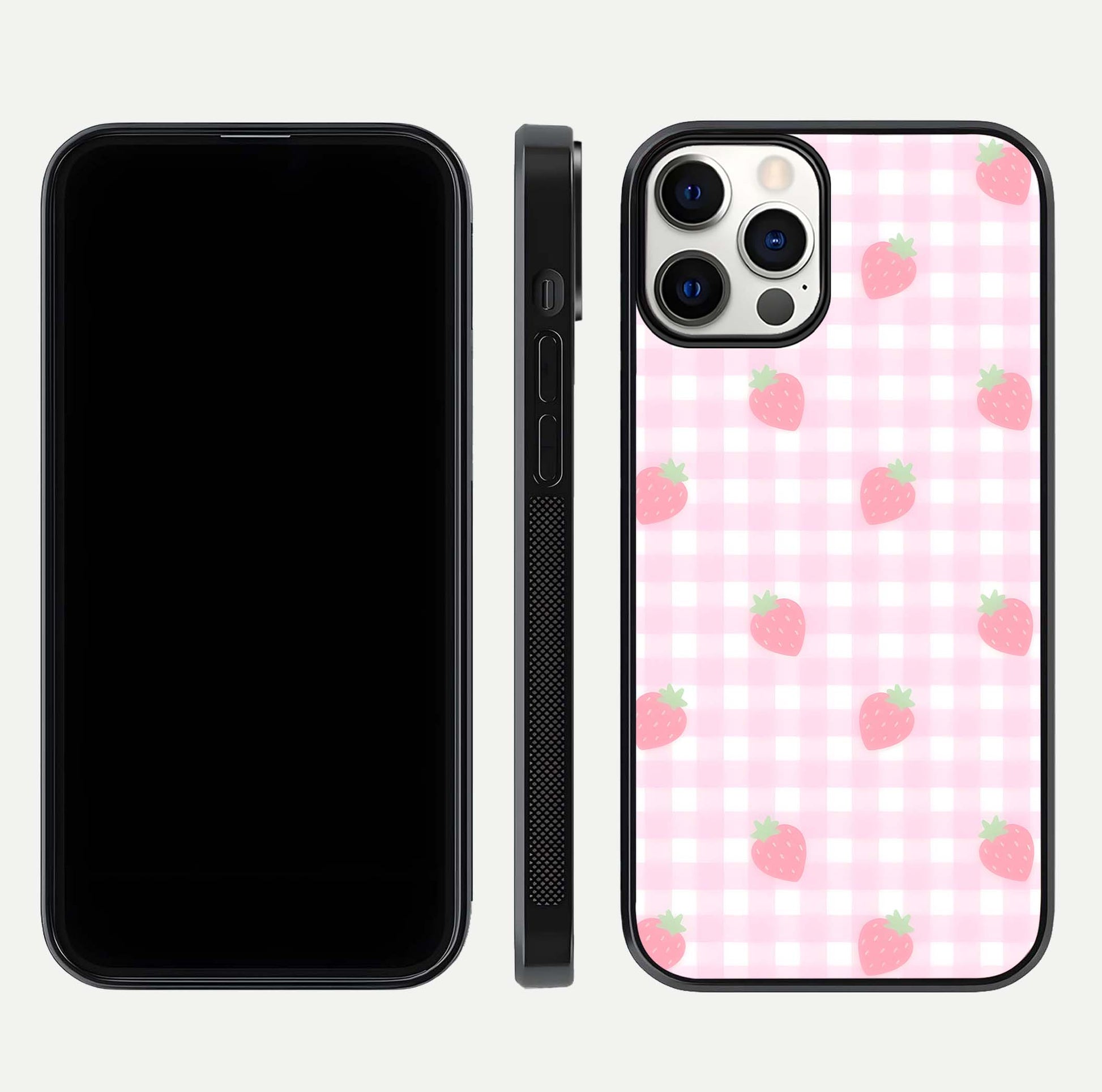 Strawberry Picnic Love iPhone 12 Pro glass phone case front and side layout view showing slim profile and full picnic design