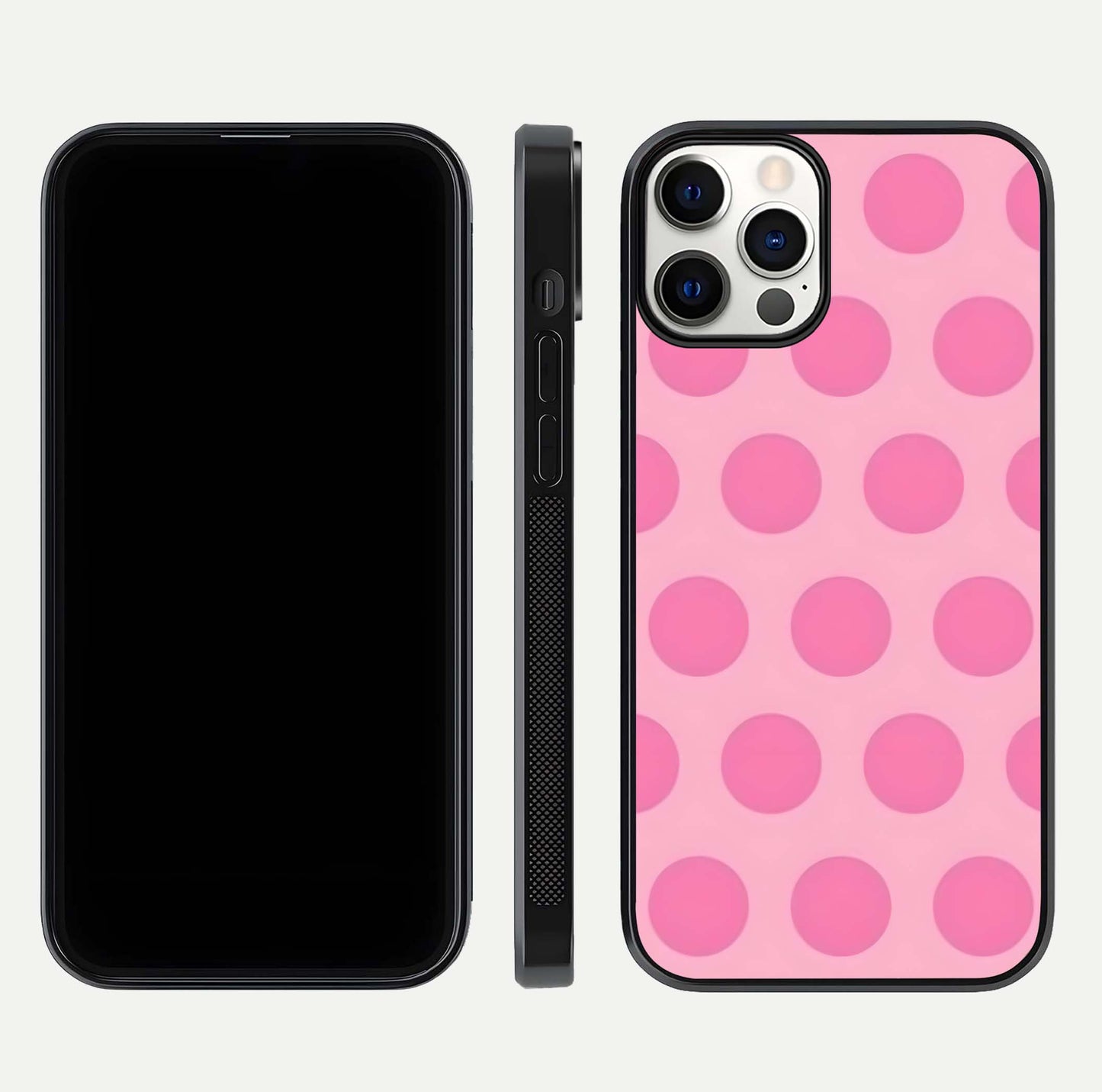 Sweet Dot Dreams iPhone 12 Pro glass phone case front and side layout view displaying slim build and full dot design
