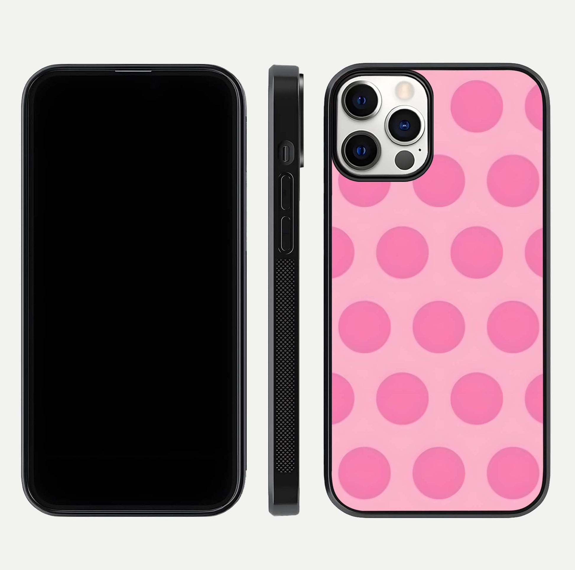 Sweet Dot Dreams iPhone 12 Pro glass phone case front and side layout view displaying slim build and full dot design