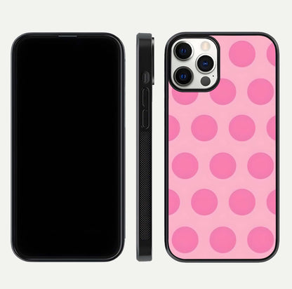 Sweet Dot Dreams iPhone 12 Pro glass phone case front and side layout view displaying slim build and full dot design