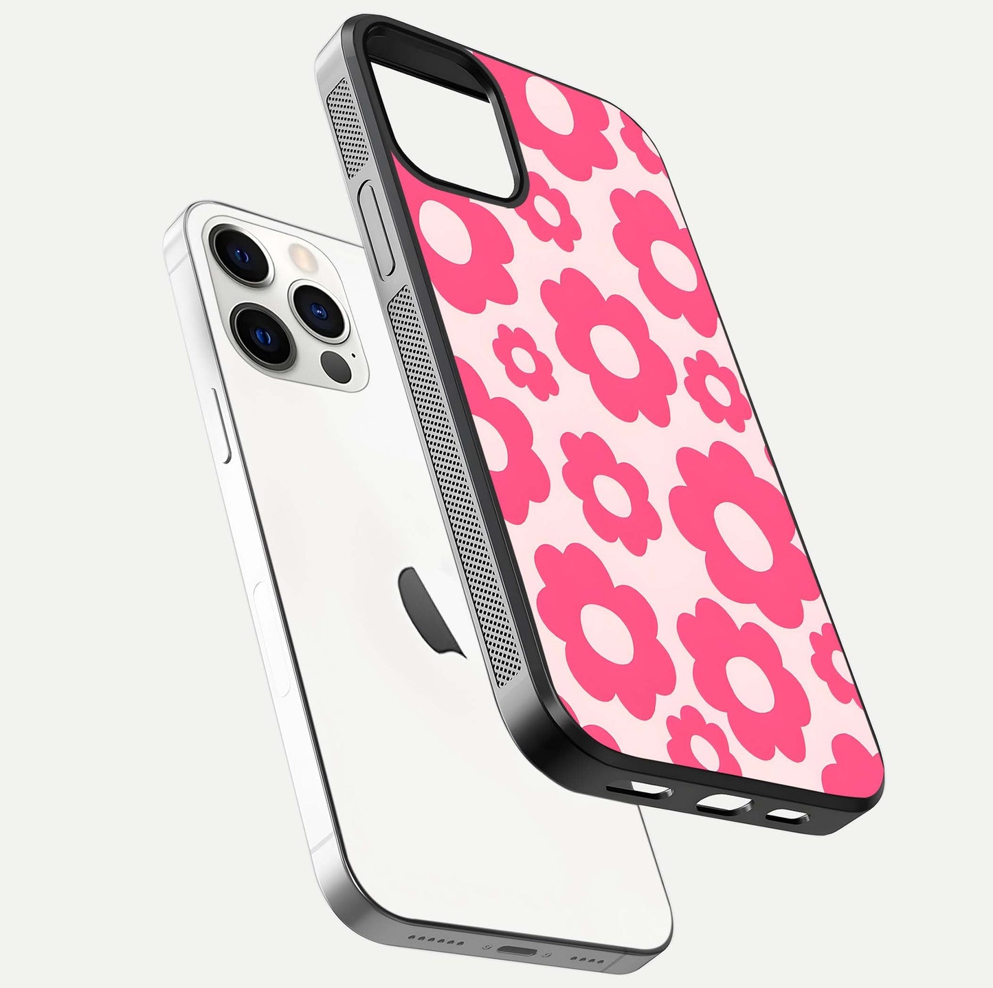 Blush Flower Pop iPhone 12 Pro glass phone case floating view emphasizing premium build and vibrant flower artwork