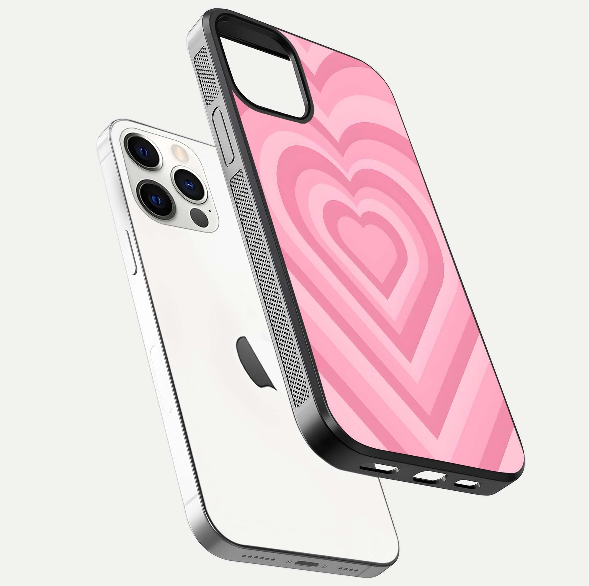 Blush Heart Waves iPhone 12 Pro glass phone case floating view emphasizing glossy finish and layered heart design
