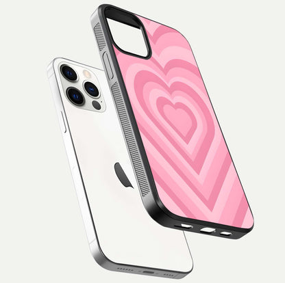 Blush Heart Waves iPhone 12 Pro glass phone case floating view emphasizing glossy finish and layered heart design