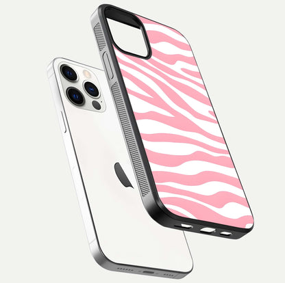 Blush Zebra Flow iPhone 12 Pro glass phone case floating view emphasizing premium glossy surface and dynamic design