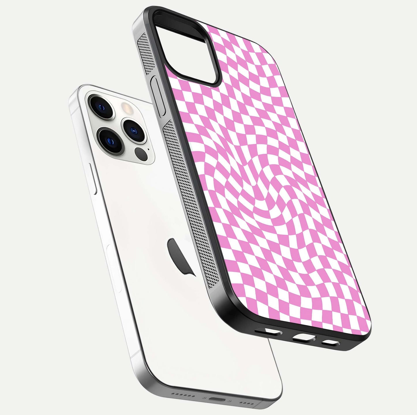 Bubblegum Check Wave iPhone 12 Pro glass phone case floating view emphasizing premium glass finish and vibrant design