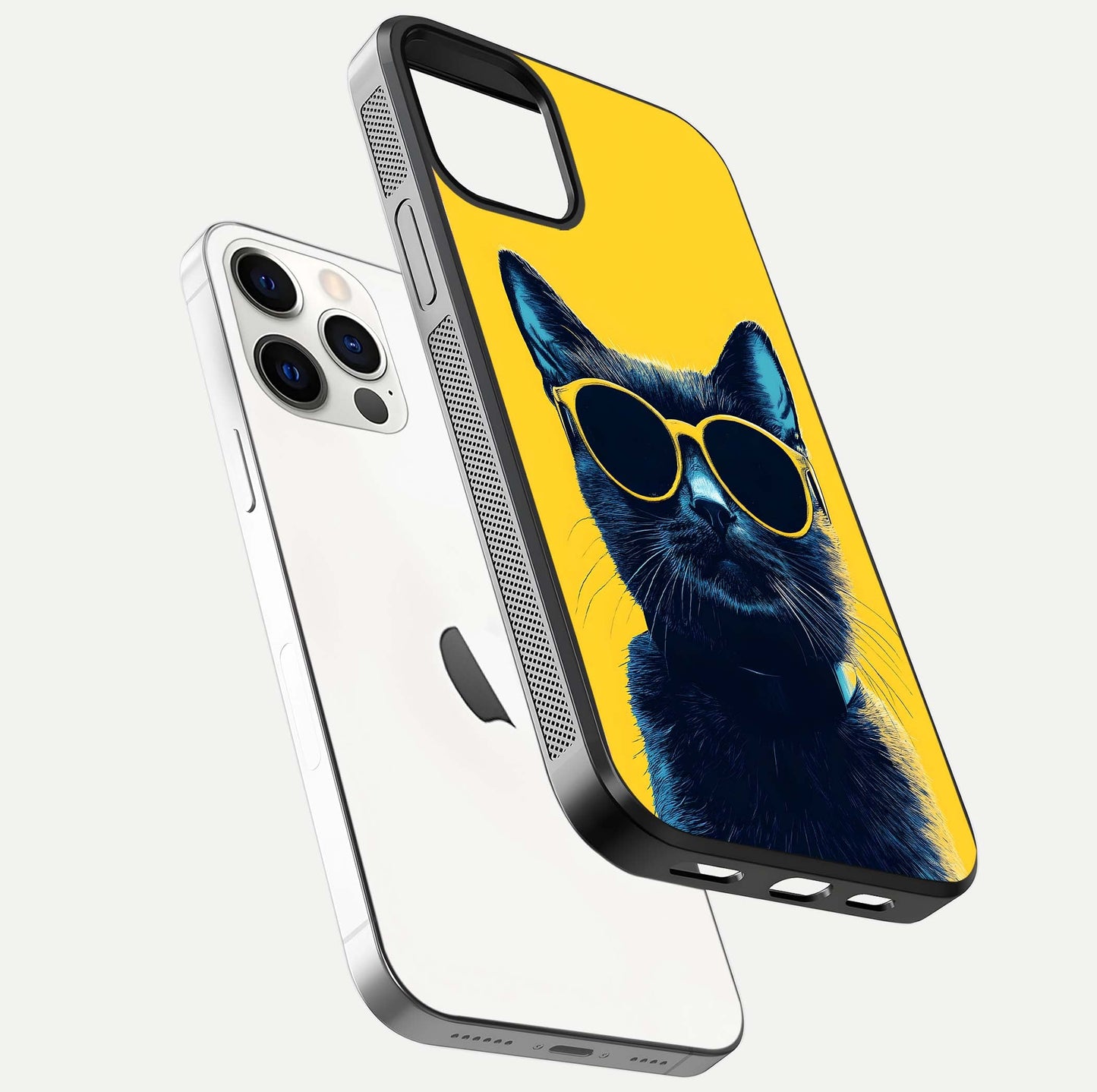 Cool Cat Vibes iPhone 12 Pro glass phone case floating view emphasizing glossy finish and fun cat vibe