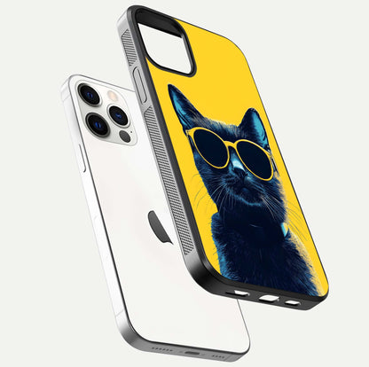Cool Cat Vibes iPhone 12 Pro glass phone case floating view emphasizing glossy finish and fun cat vibe
