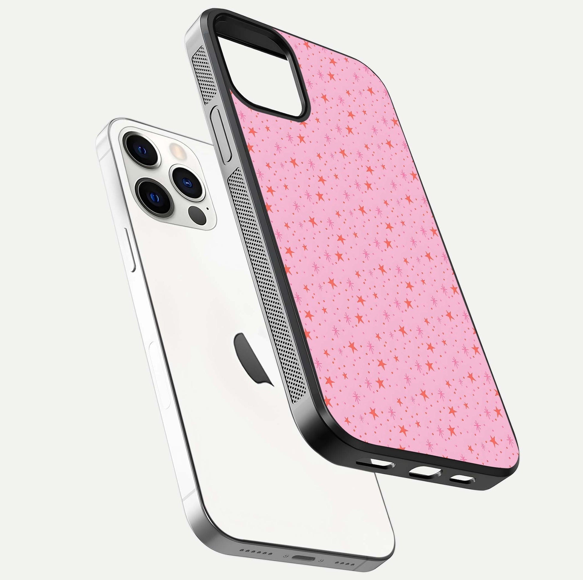 Cosmic Pink Sparkle iPhone 12 Pro glass phone case floating view emphasizing premium glass surface and glittering details