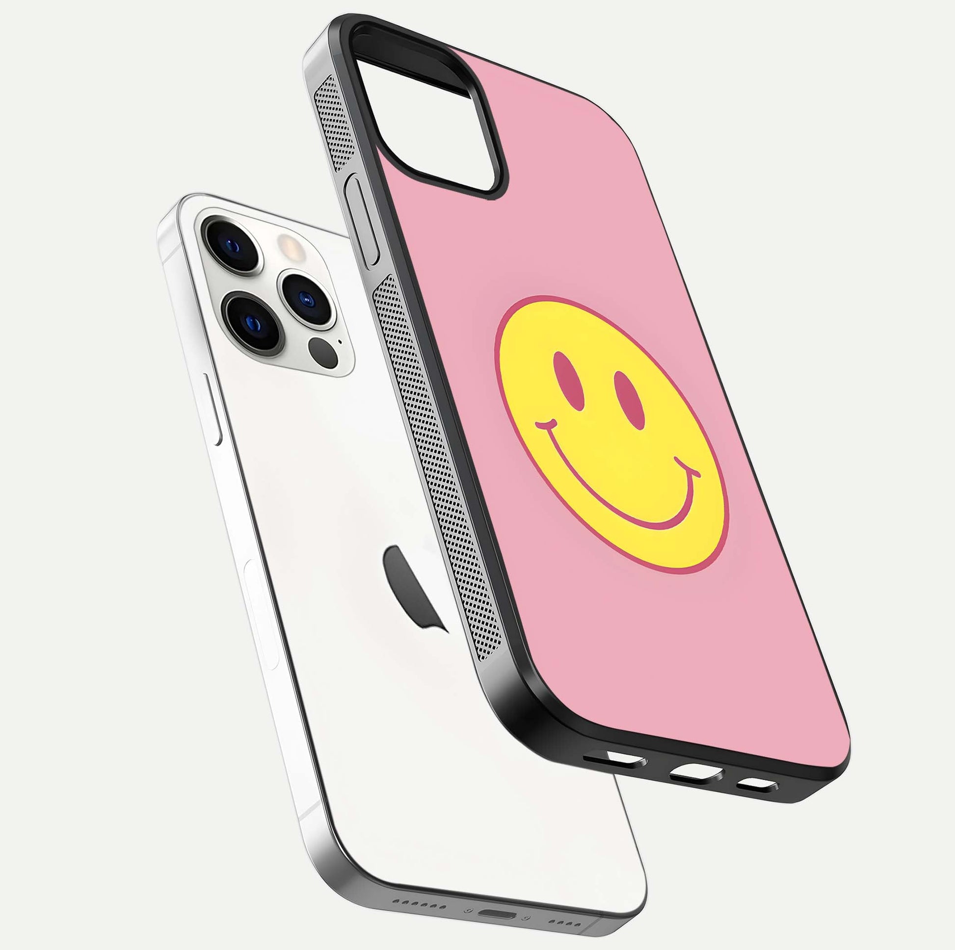Happy Pink Mood iPhone 12 Pro glass phone case floating view emphasizing glossy finish and joyful color palette