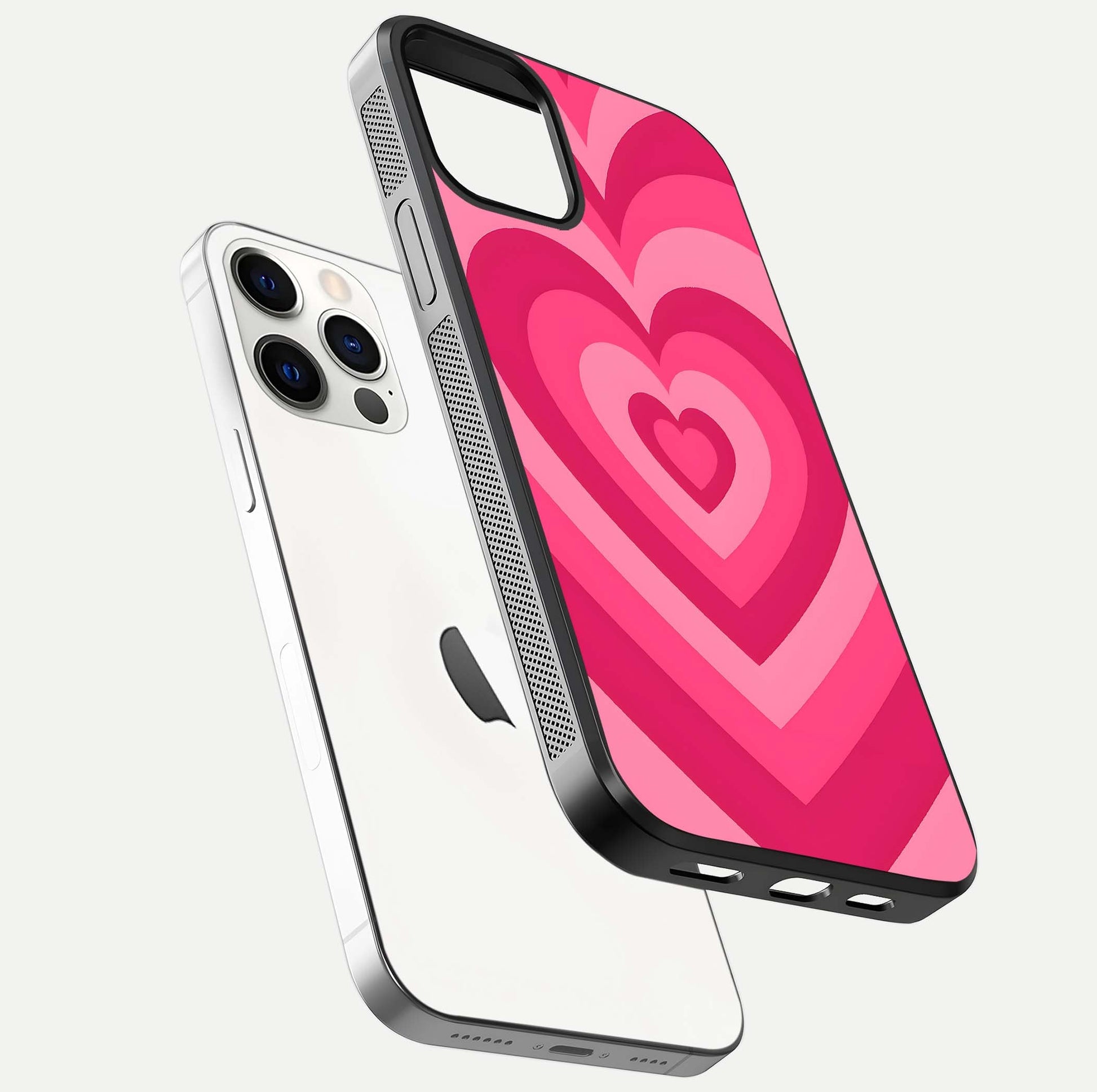 Layered Love Hearts iPhone 12 Pro glass phone case floating view emphasizing glossy surface and layered heart details