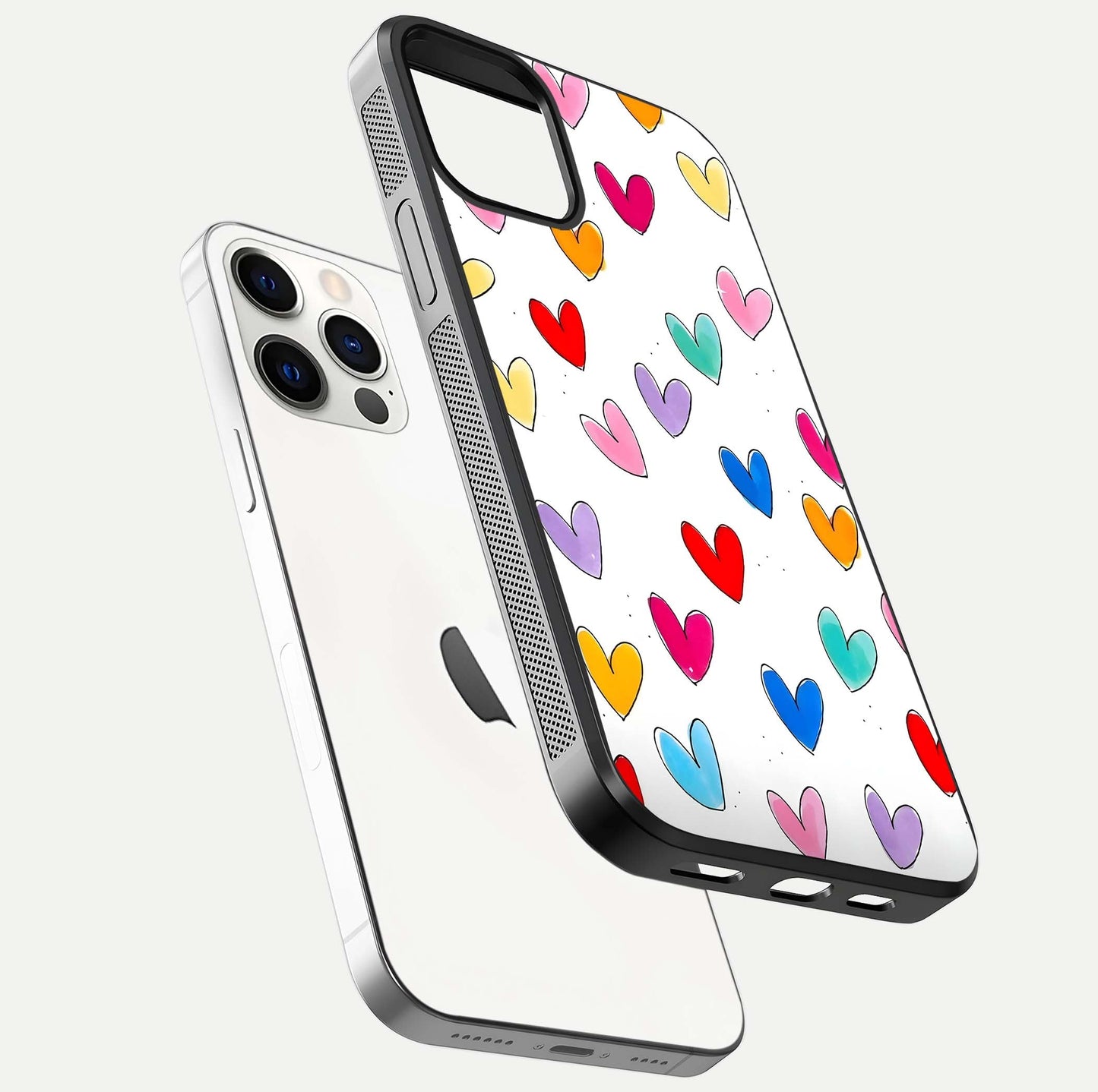 Playful Love Doodles iPhone 12 Pro glass phone case floating view emphasizing glossy finish and playful design