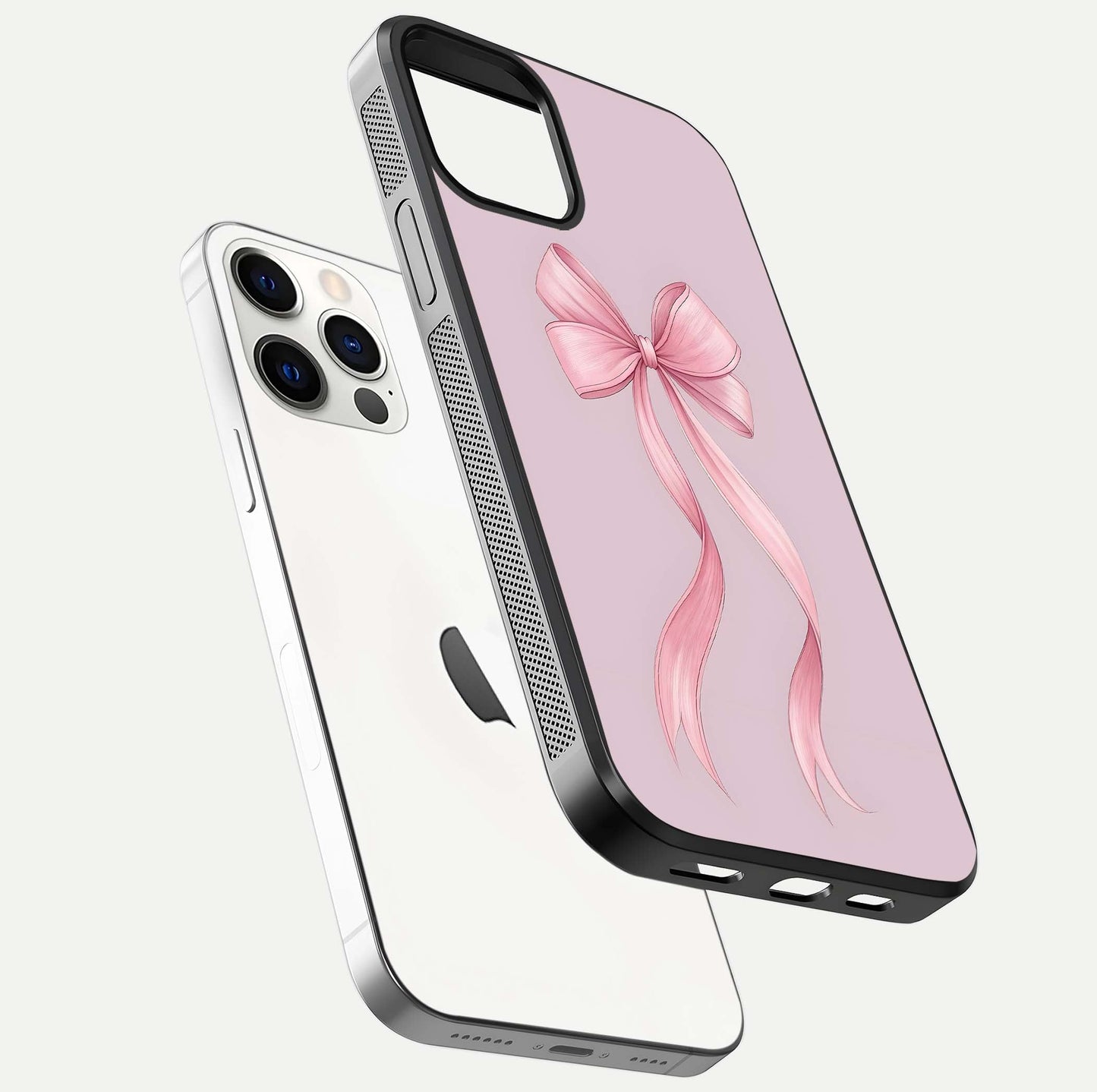 Soft Blush Bow iPhone 12 Pro glass phone case floating view emphasizing glossy surface and soft feminine styling