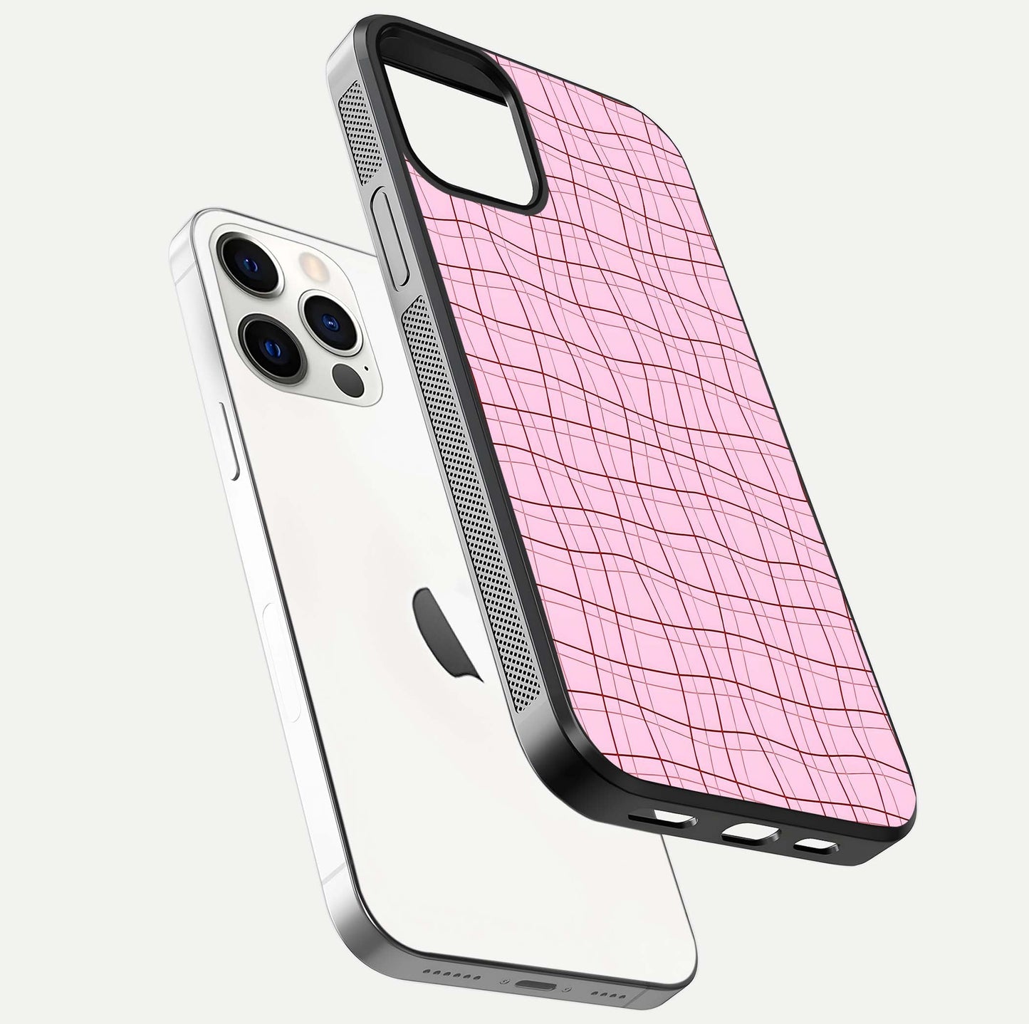Soft Grid Bliss iPhone 12 Pro glass phone case floating view emphasizing glossy surface and minimal styling