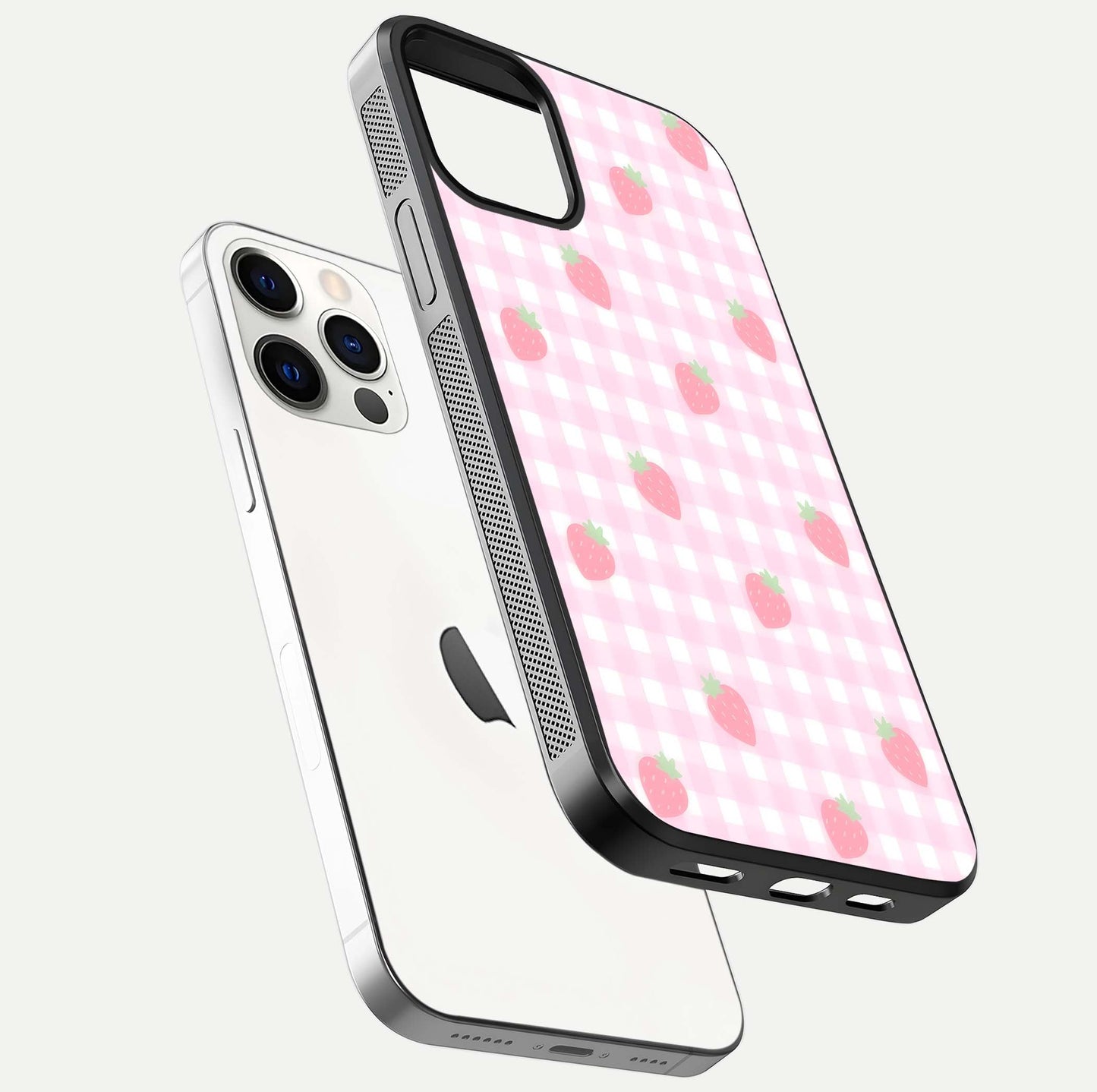 Strawberry Picnic Love iPhone 12 Pro glass phone case floating view emphasizing glossy finish and playful charm