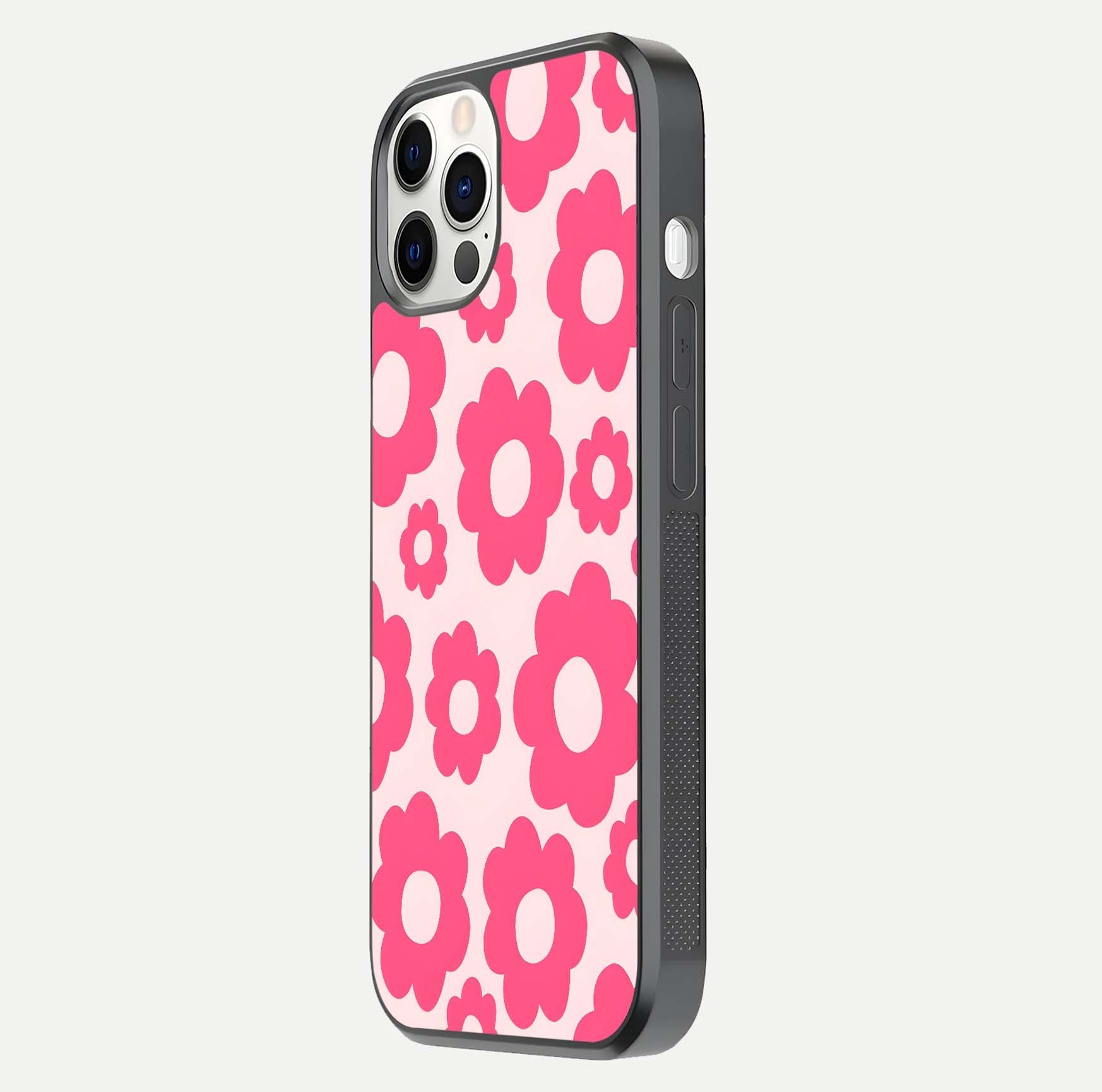 Blush Flower Pop iPhone 12 Pro glass phone case side profile view focusing on clean edges and seamless floral wrap