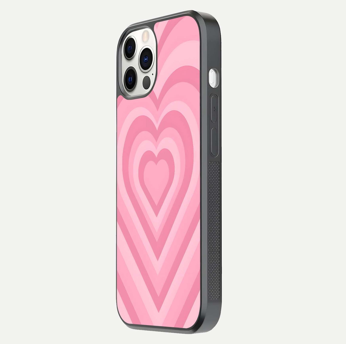 Blush Heart Waves iPhone 12 Pro glass phone case side profile view focusing on smooth edges and elegant wrap