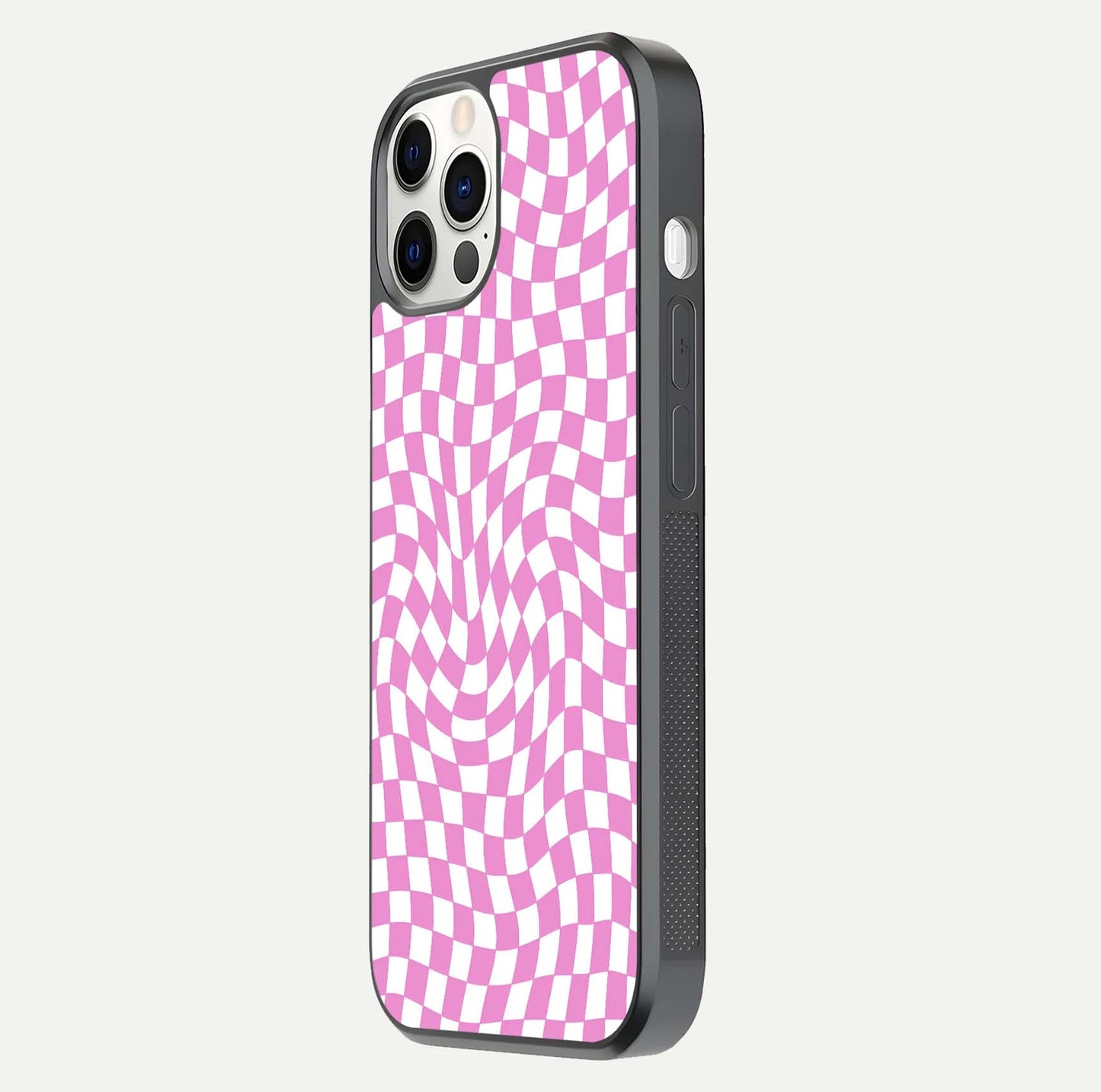 Bubblegum Check Wave iPhone 12 Pro glass phone case side profile view focusing on smooth edges and seamless wrap