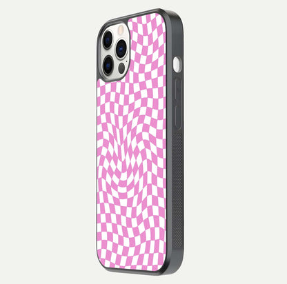 Bubblegum Check Wave iPhone 12 Pro glass phone case side profile view focusing on smooth edges and seamless wrap