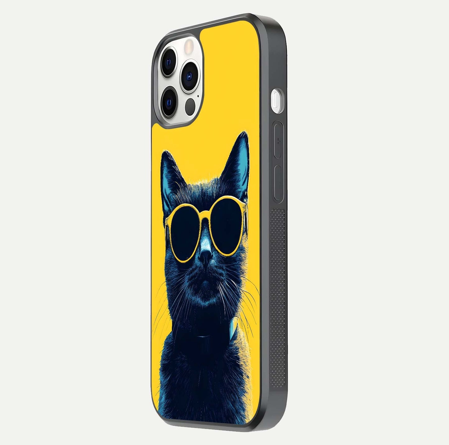 Cool Cat Vibes iPhone 12 Pro glass phone case side profile view focusing on sleek edges and seamless wrap