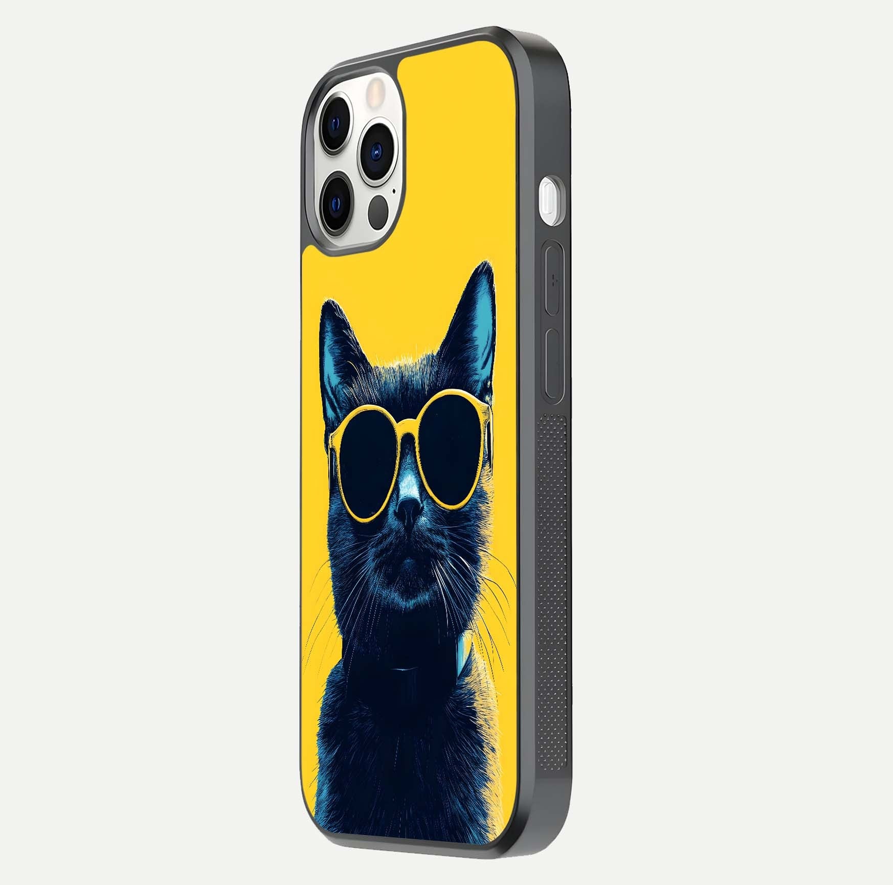 Cool Cat Vibes iPhone 12 Pro glass phone case side profile view focusing on sleek edges and seamless wrap