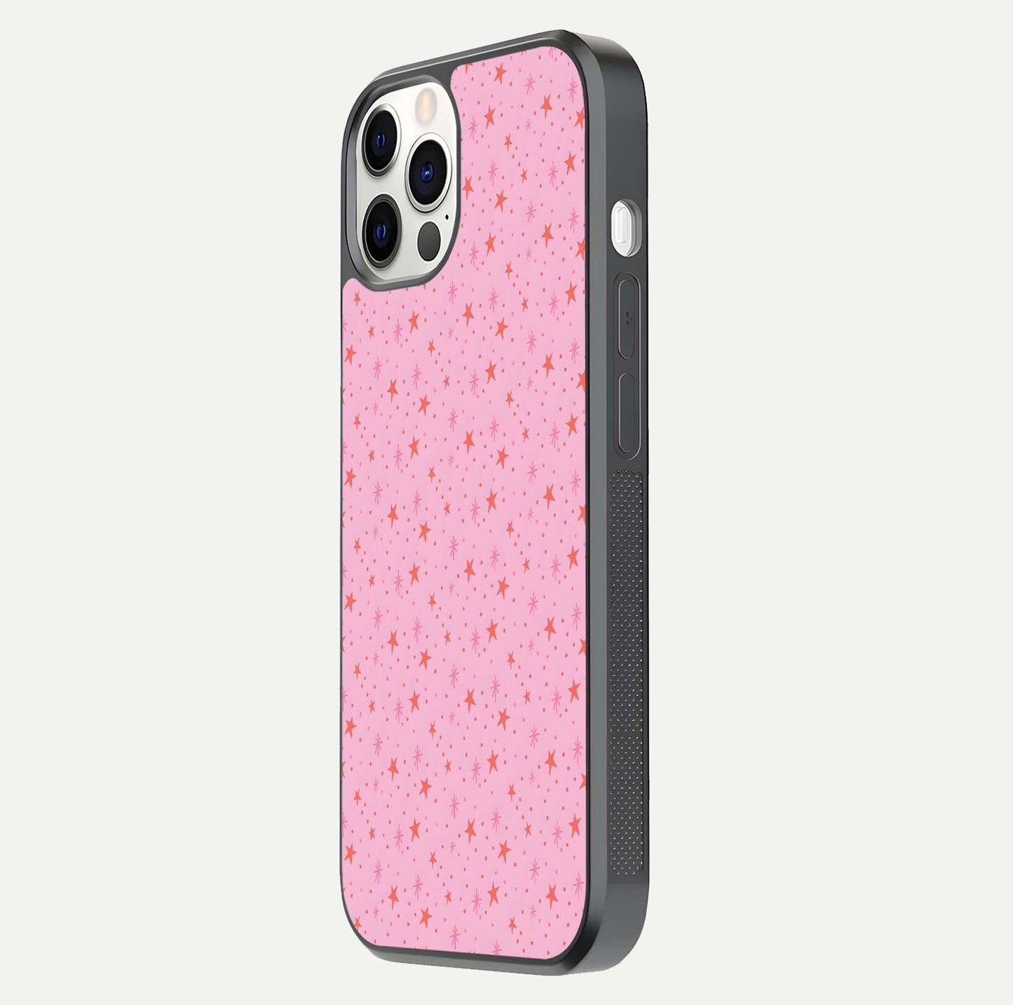 Cosmic Pink Sparkle iPhone 12 Pro glass phone case side profile view focusing on sleek edges and seamless wrap