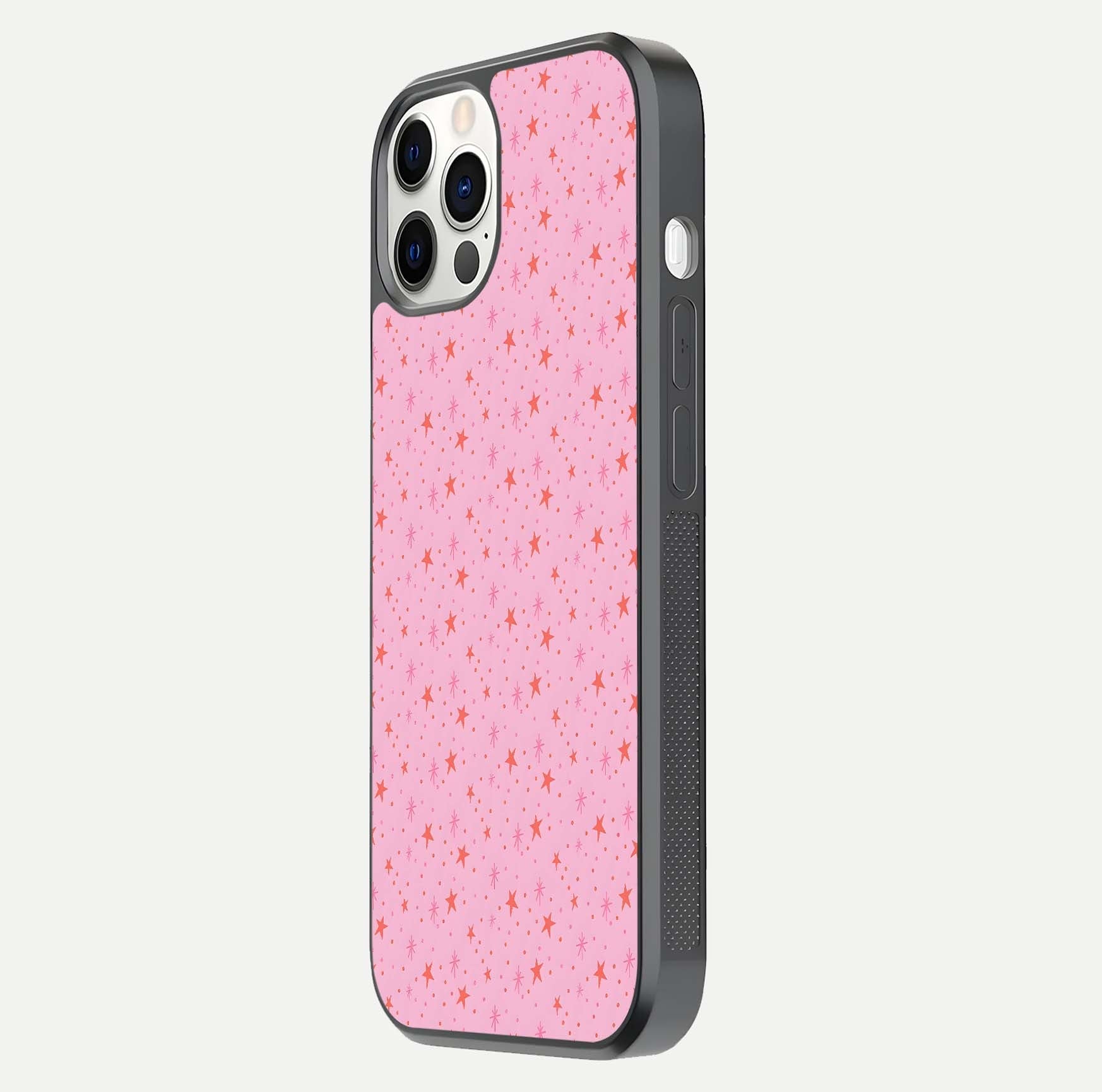 Cosmic Pink Sparkle iPhone 12 Pro glass phone case side profile view focusing on sleek edges and seamless wrap