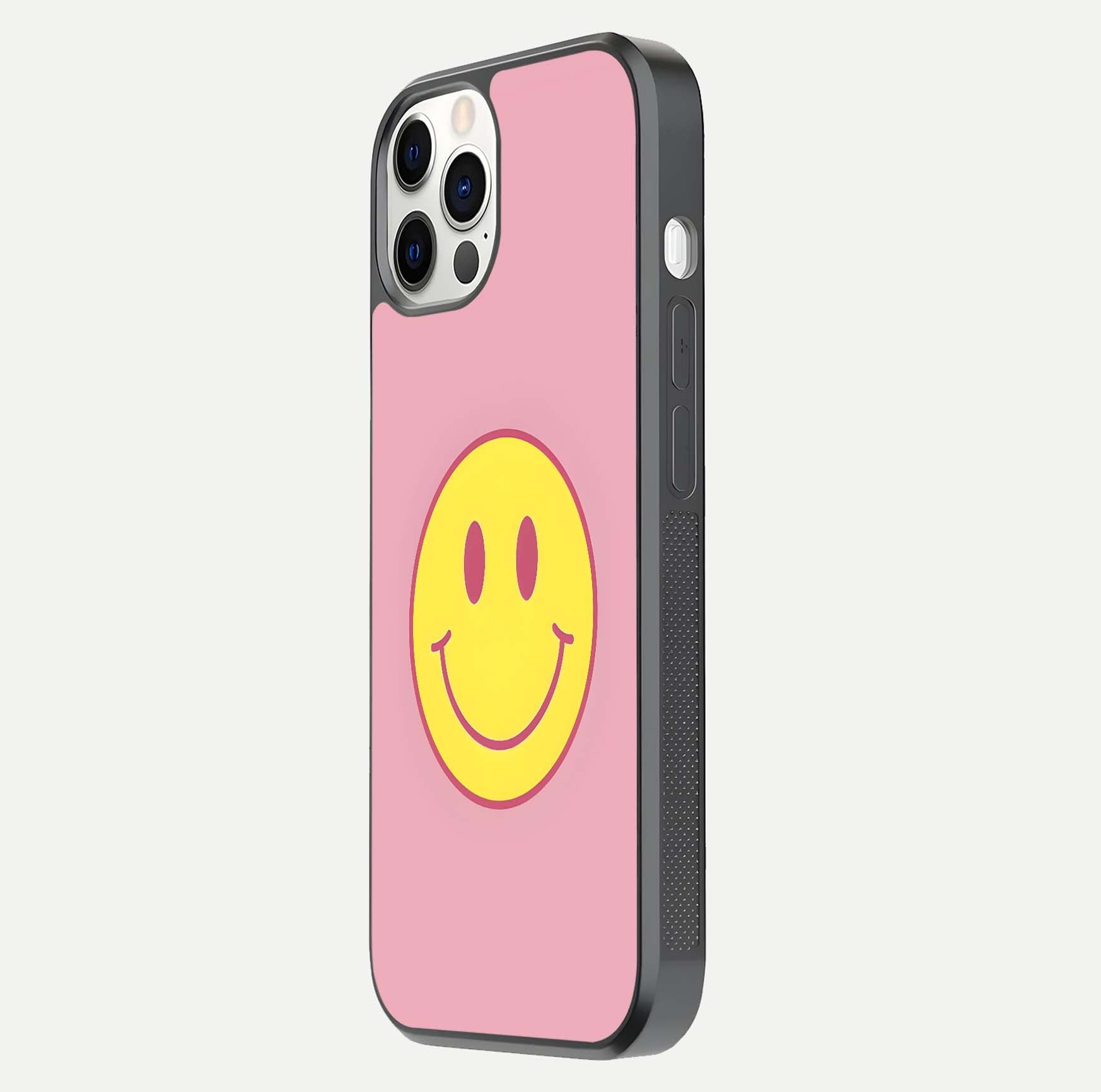 Happy Pink Mood iPhone 12 Pro glass phone case side profile view focusing on smooth frame and clean wrap
