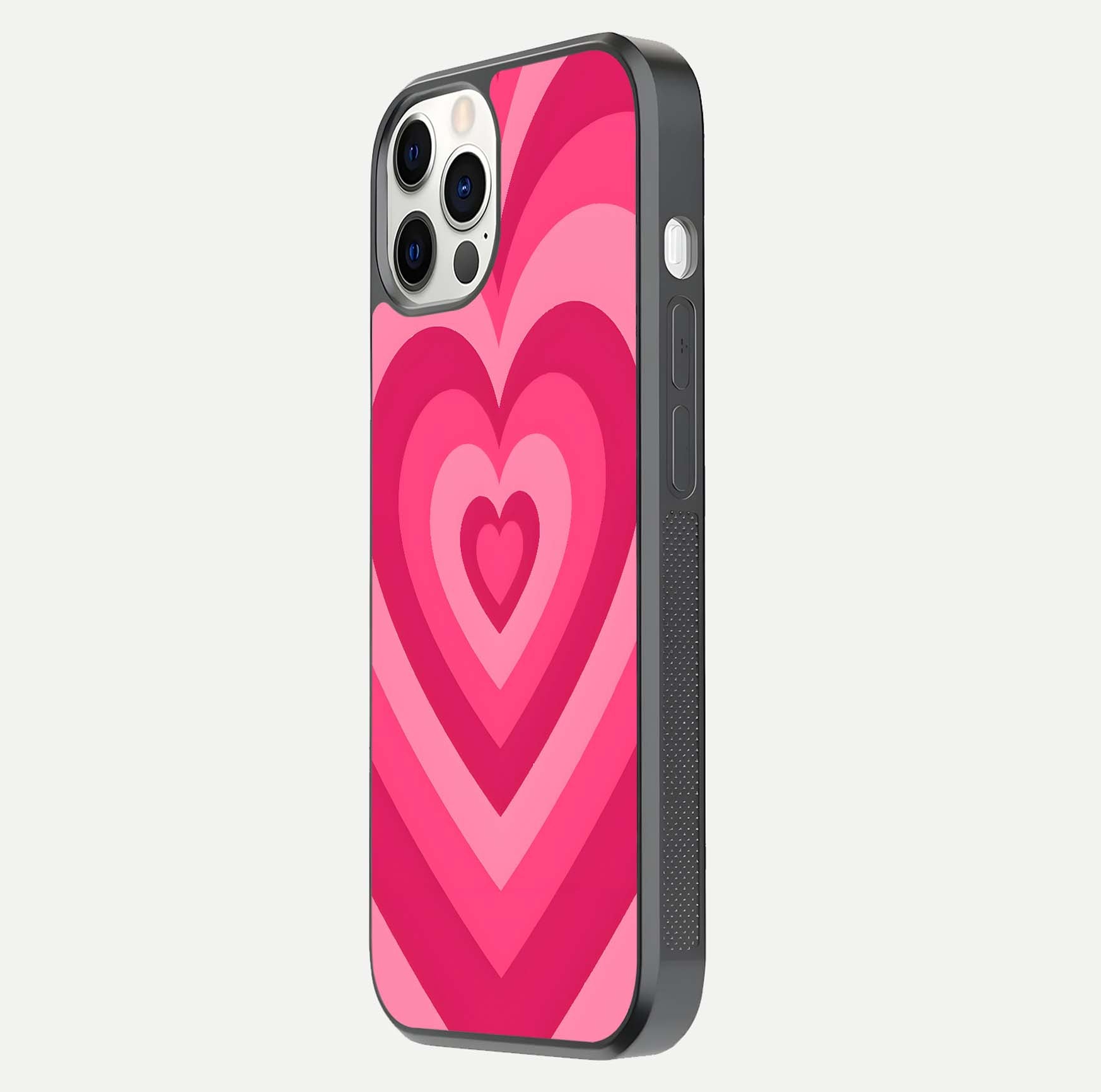 Layered Love Hearts iPhone 12 Pro glass phone case side profile view focusing on sleek edges and seamless wrap
