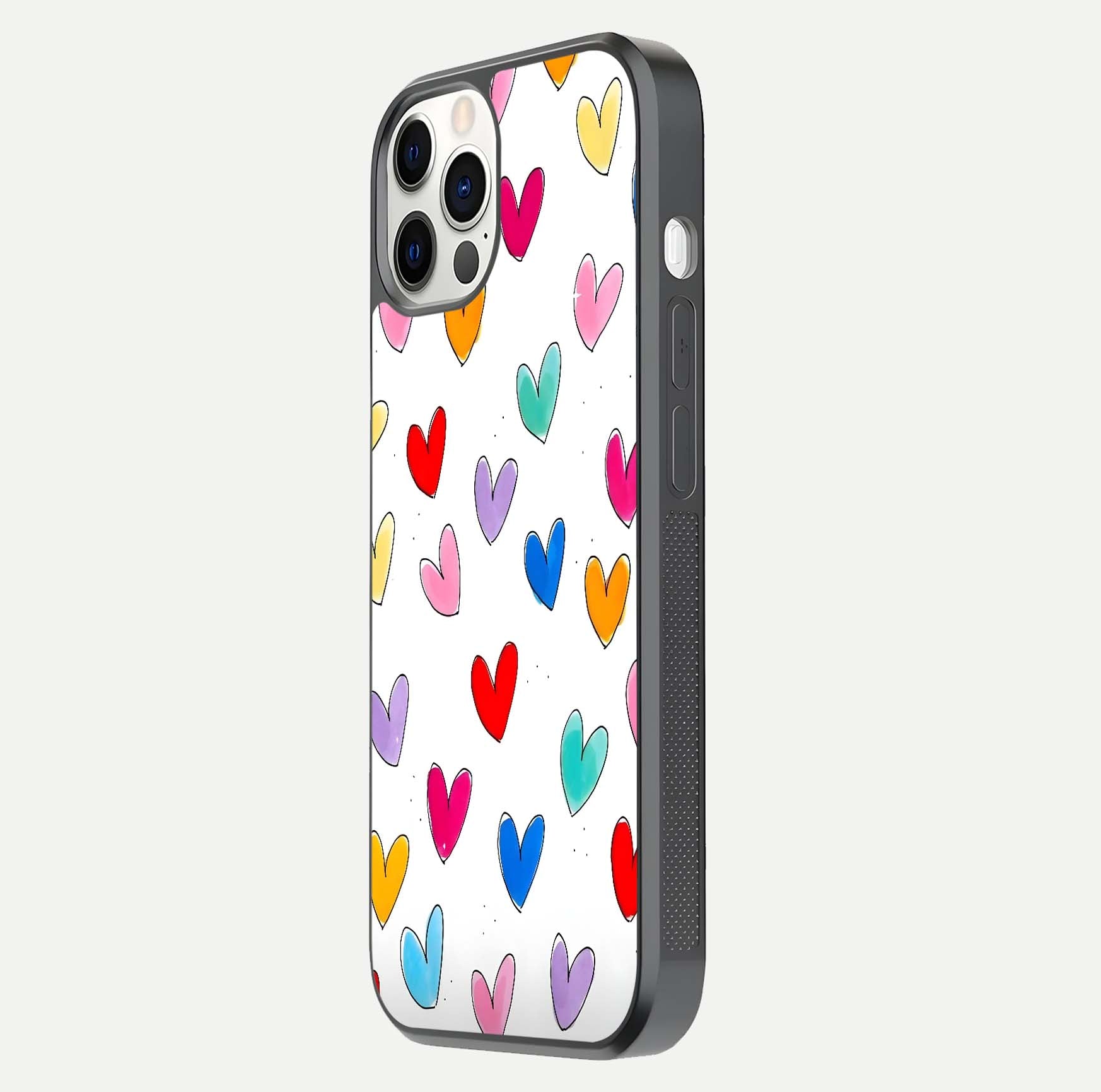Playful Love Doodles iPhone 12 Pro glass phone case side profile view focusing on smooth frame and seamless wrap