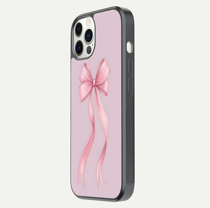 Soft Blush Bow iPhone 12 Pro glass phone case side profile view focusing on sleek edges and seamless wrap