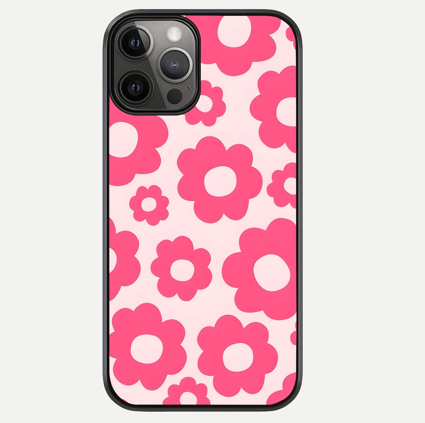 Blush Flower Pop iPhone 12 Pro Max glass phone case front view featuring playful blush floral artwork with glossy finish