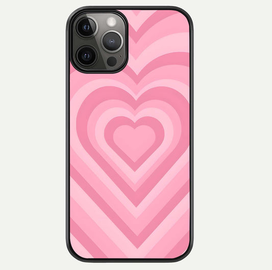Blush Heart Waves iPhone 12 Pro Max glass phone case front view showcasing flowing heart wave patterns in soft blush tones