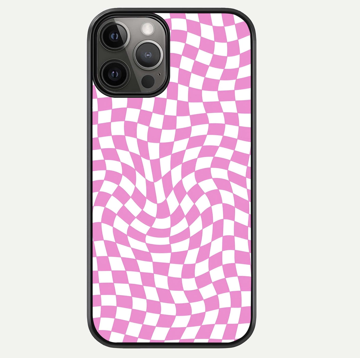 Bubblegum Check Wave iPhone 12 Pro Max glass phone case front view showcasing playful bubblegum check wave pattern with glossy finish