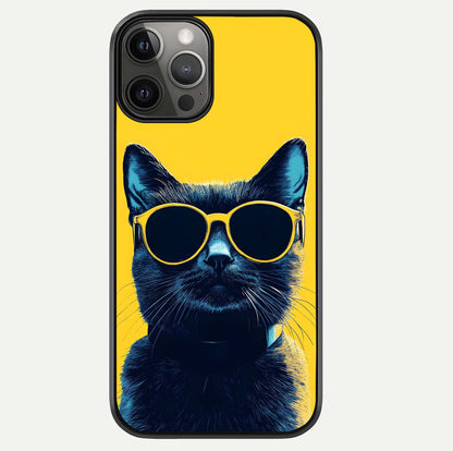 Cool Cat Vibes iPhone 12 Pro Max glass phone case front view featuring playful cat illustration with cool aesthetic tones