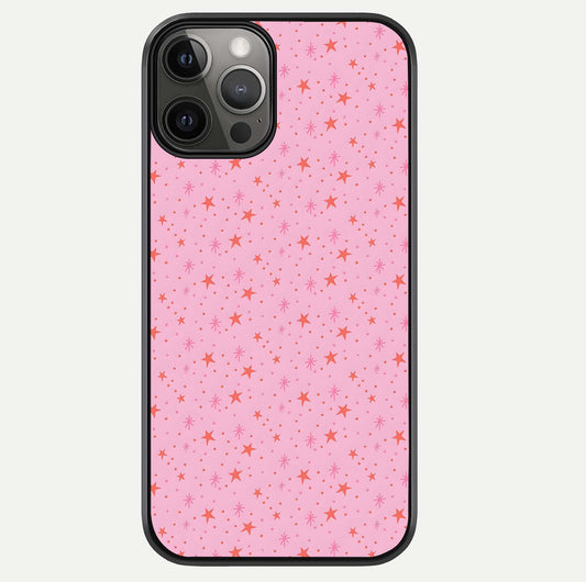 Cosmic Pink Sparkle iPhone 12 Pro Max glass phone case front view showcasing shimmering pink cosmic artwork with glossy finish