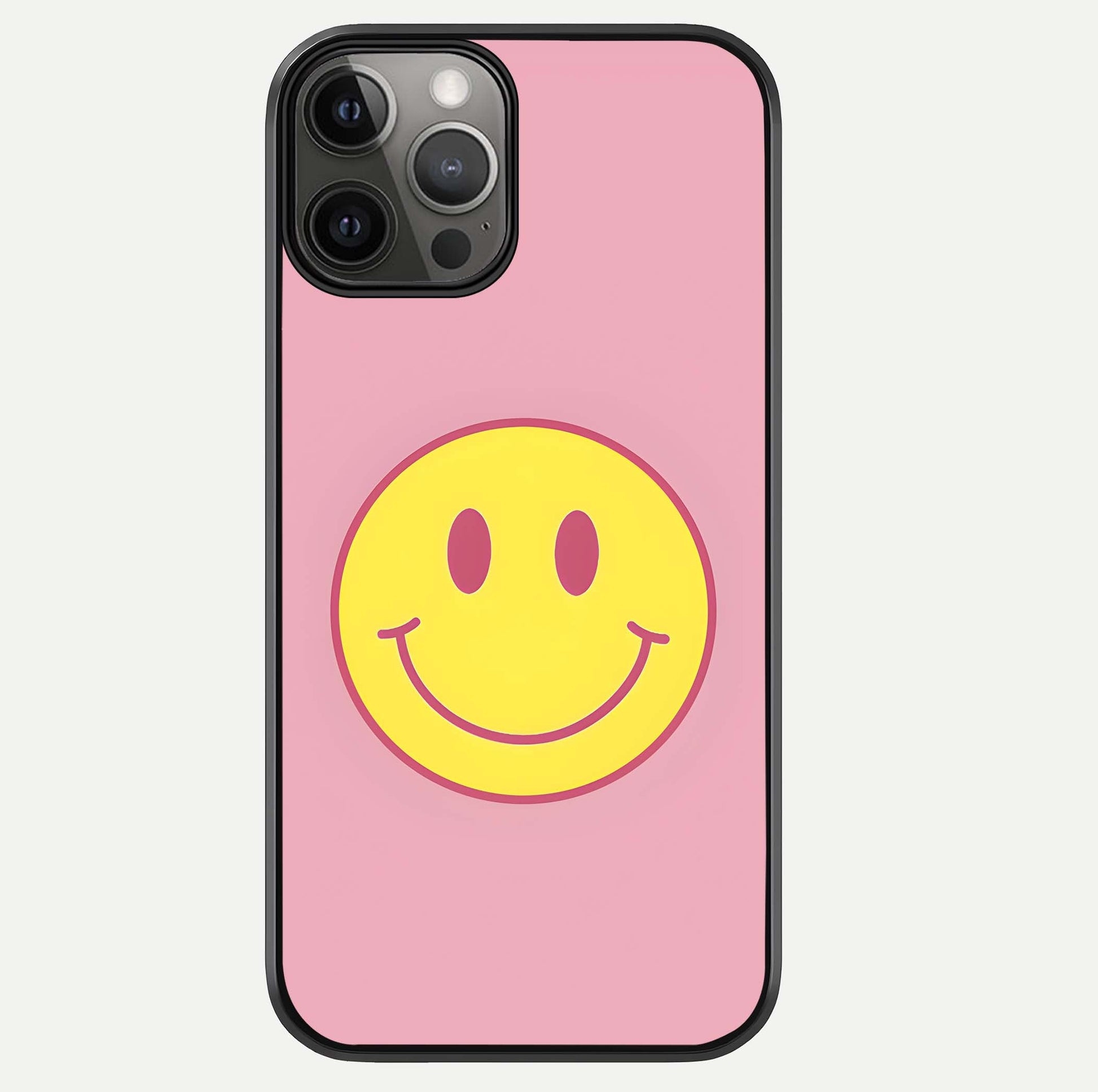 Happy Pink Mood iPhone 12 Pro Max glass phone case front view featuring cheerful pink tones and playful aesthetic design