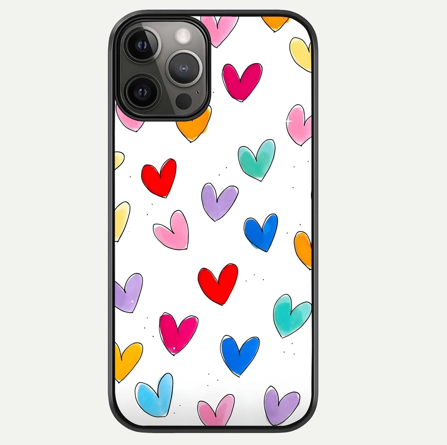 Playful Love Doodles iPhone 12 Pro Max glass phone case front view featuring cute love doodle illustrations with fun vibe