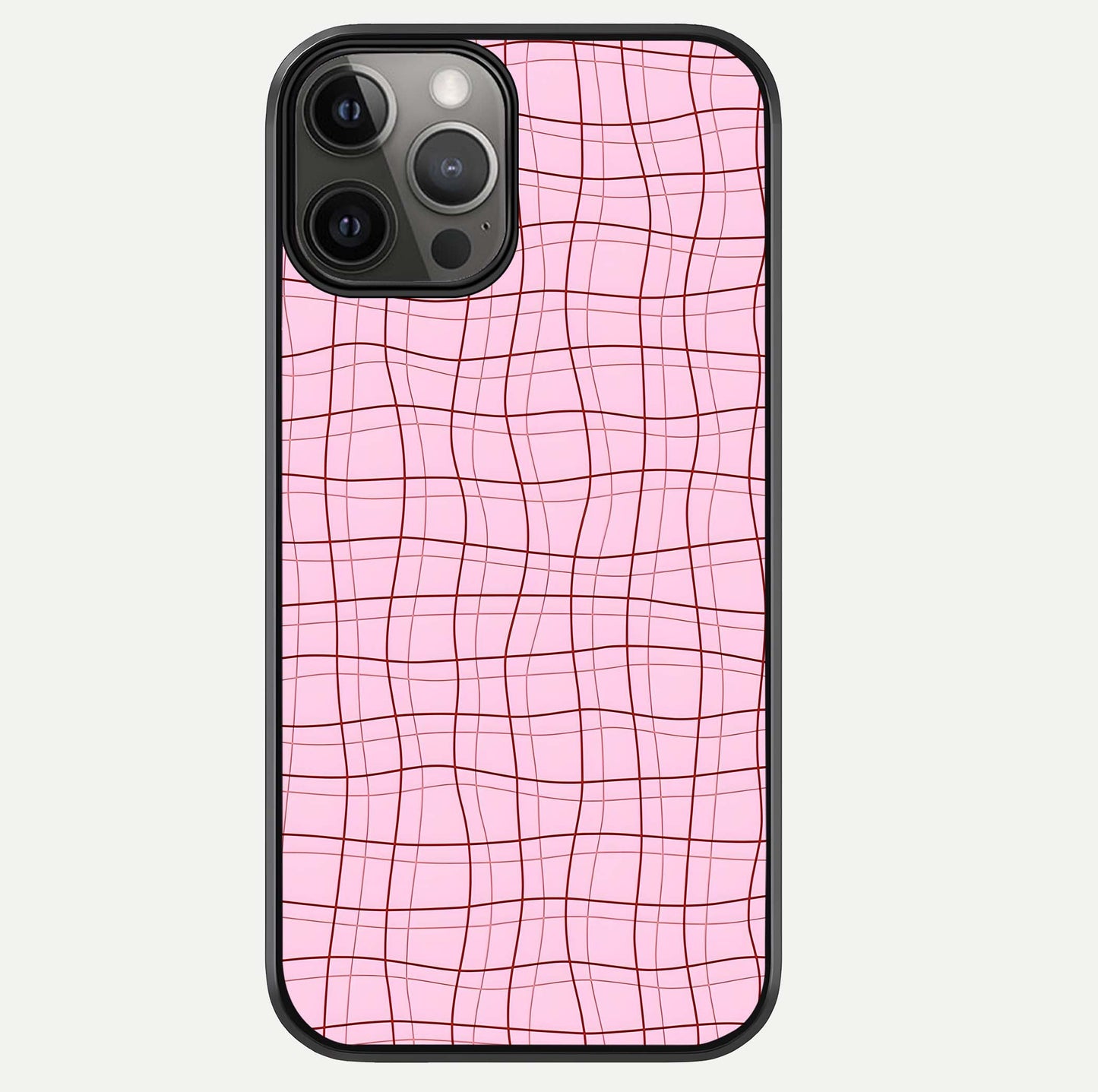 Soft Grid Bliss iPhone 12 Pro Max glass phone case front view showcasing minimal grid pattern with soft aesthetic