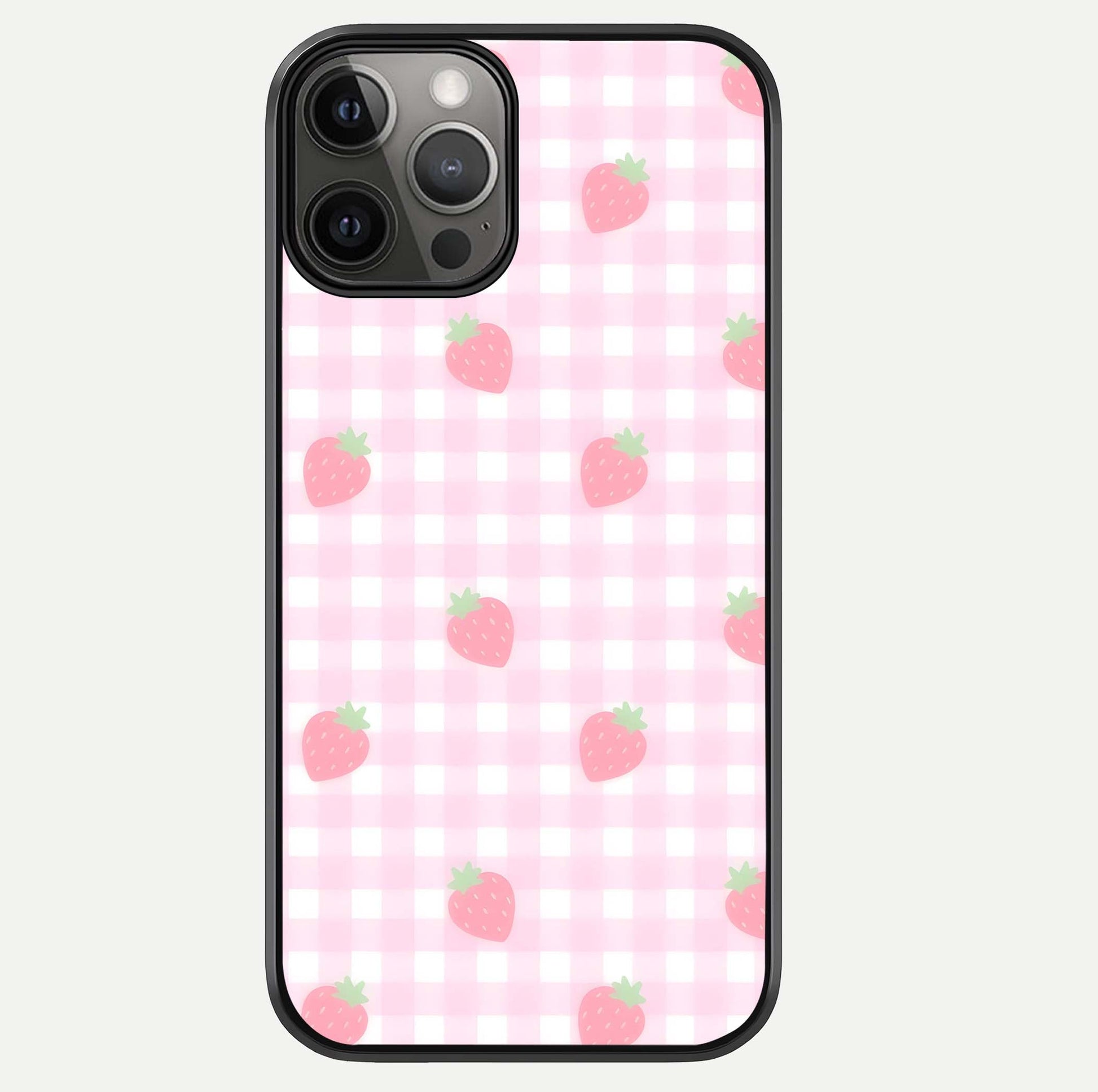 Strawberry Picnic Love iPhone 12 Pro Max glass phone case front view featuring cute strawberry picnic artwork with romantic vibe