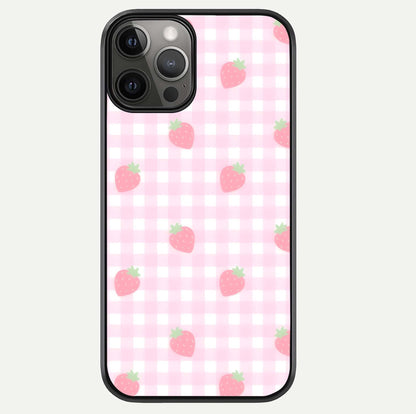 Strawberry Picnic Love iPhone 12 Pro Max glass phone case front view featuring cute strawberry picnic artwork with romantic vibe