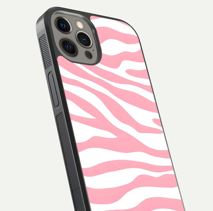 Blush Zebra Flow iPhone 12 Pro Max glass phone case angled back view highlighting bold zebra artwork and textured side grip