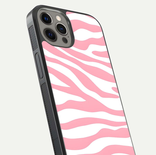 Blush Zebra Flow iPhone 12 Pro Max glass phone case angled back view highlighting bold zebra artwork and textured side grip
