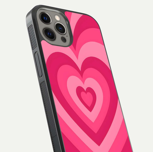 Layered Love Hearts iPhone 12 Pro Max glass phone case angled back view highlighting heart artwork and textured grip edges