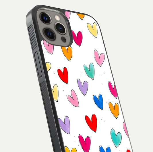 Playful Love Doodles iPhone 12 Pro Max glass phone case angled back view highlighting doodle artwork and textured grip edges