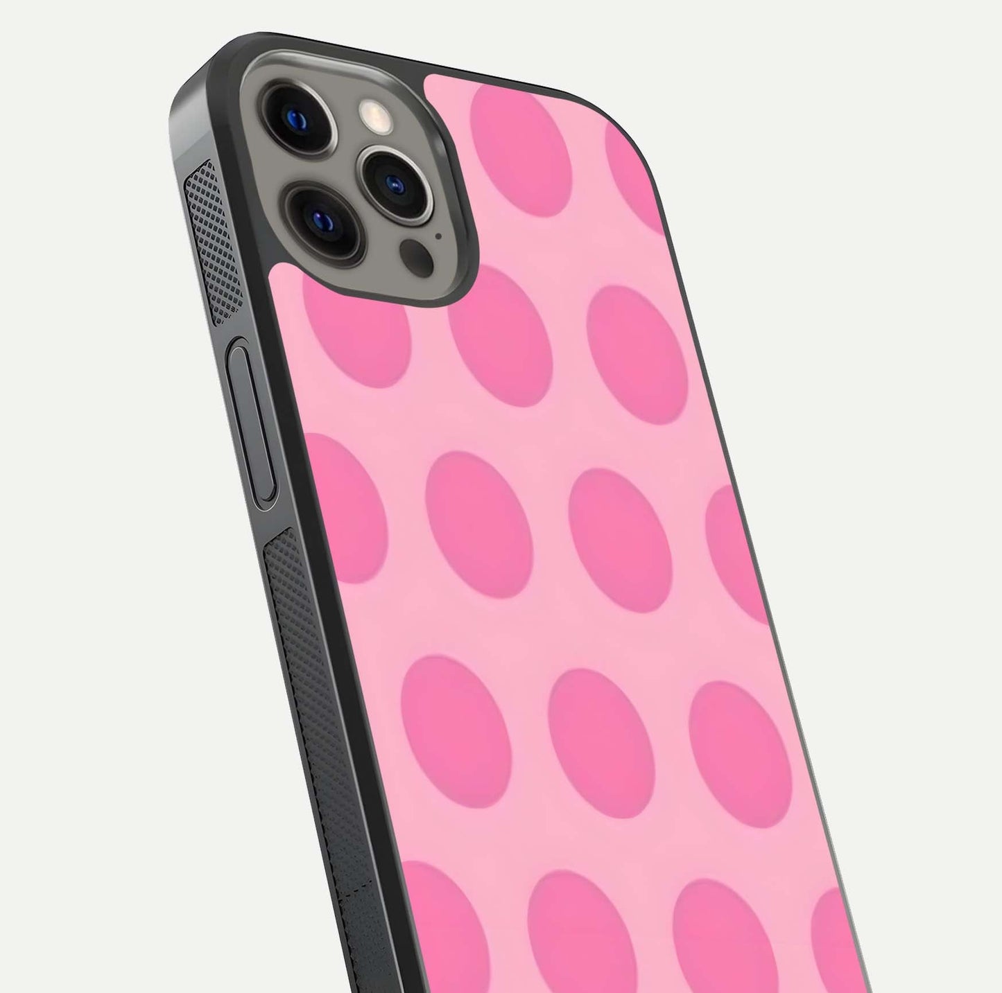 Sweet Dot Dreams iPhone 12 Pro Max glass phone case angled back view highlighting dotted artwork and side grip texture